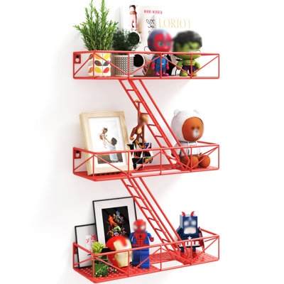 Étagère d'escalier de secours - Étagère murale rouge à 3 niveaux avec panier de rangement, étagères décoratives en métal style New York, étagère flottante à monter soi-même pour figurines d'action (idéale pour une chambre).