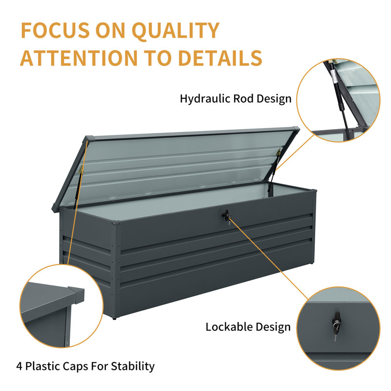 Coffre de terrasse en métal 260 gallons - imperméable et verrouillable. Très grand rangement pour patio, jardin, piscine. Gris foncé Fluctuation du temps. Option de fermeture de l'utilisateur. Conception de table polyvalente. Assemblage simple