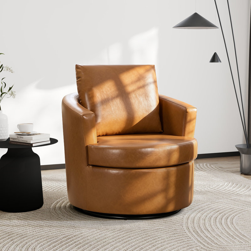 Fauteuil demi-tonneau pivotant rembourré en similicuir brun, Marron clair