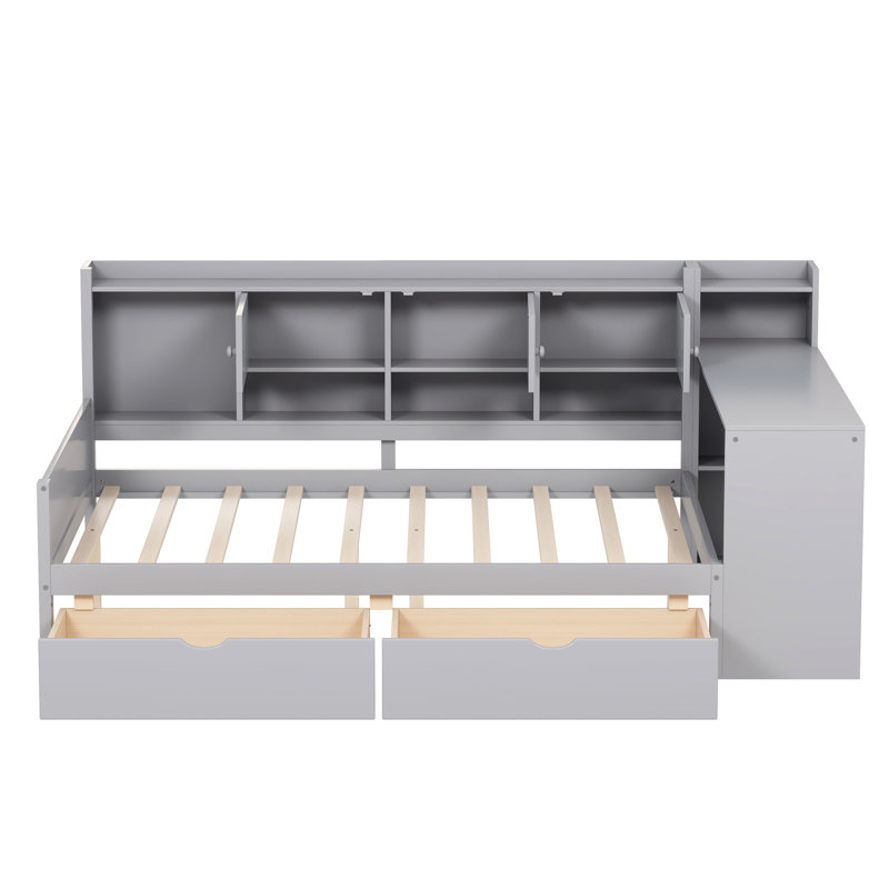 Lit de jour gris double avec 3 armoires de rangement, 2 tiroirs, bureau d'étude polyvalent et lit multifonctionnel pour le rangement en L