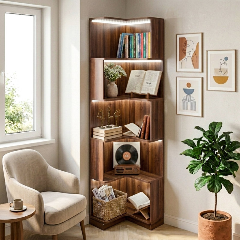 69" H L-Shaped Walnut Corner Bookcase with 5 Tiers and Remote-Controlled LED Lights