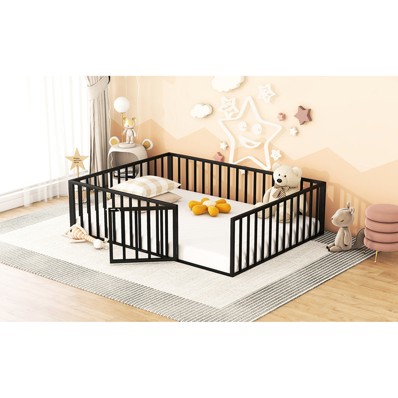 Grand lit de sol en métal - avec clôture et porte, polyvalent pour différentes utilisations, cadre noir, style de porte, Noir