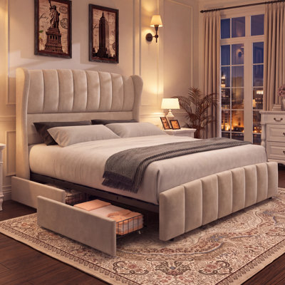 Velvet Upholstered Platform Bed Frame, 54" Tall Wingback Channel Tufted Headboard, 4 Underbed Storage Drawers, 1100lbs Heavy Duty Support, Noise-Free Design, No Box Spring Needed
