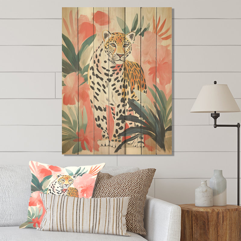 Léopard vert et rose dans la jungle II - léopard / guépard sur bois, H 20 po x l 10 po
