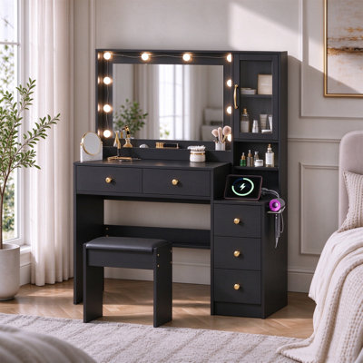 35" Black Vanity Set with LED Mirror & Charging Station, Modern Bedroom Makeup Table Set with 5 Drawers and Side Cabinet