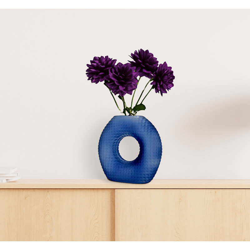 8 Inch Tall Decorative Ombre O-Shape Blue Modern Art Glass Flower Vase