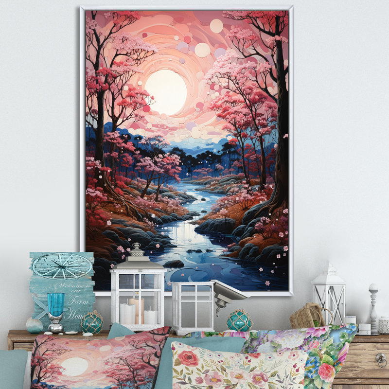 Dryades Japon Art Cherry Blossom River II, H 32 po x l 16 po x P 1 po, Cadre flottant blanc
