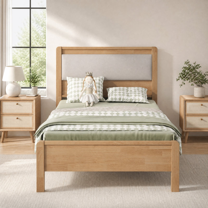 Cadre de lit en bois double XL avec tête de lit rembourrée et sommier à lattes, Naturel