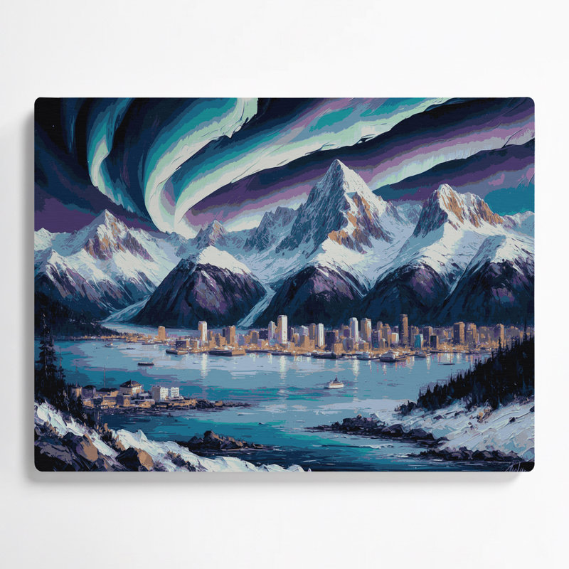Art mural gris avec villes en Alaska, H 12 po x l 18 po