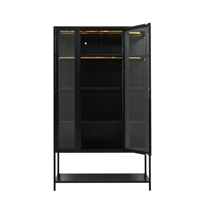 Vitrine moderne à trois côtés avec porte en verre et bandes à DEL pour poterie, livres dans la cuisine avec visibilité de 180 po, tablettes réglables, assemblage facile avec bouton-poussoir de collection à 3 lumières de 67,94 po de hauteur