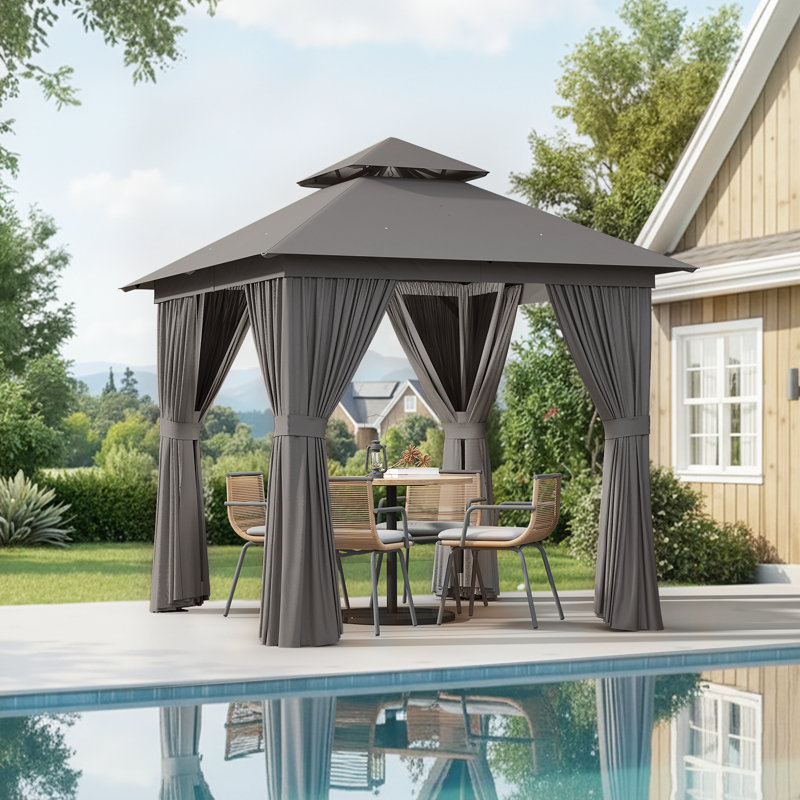 Outdoor Soft Top Gazebo With Double Roof, Canopy Gazebo With Mosquito Netting And Curtains, Gray
