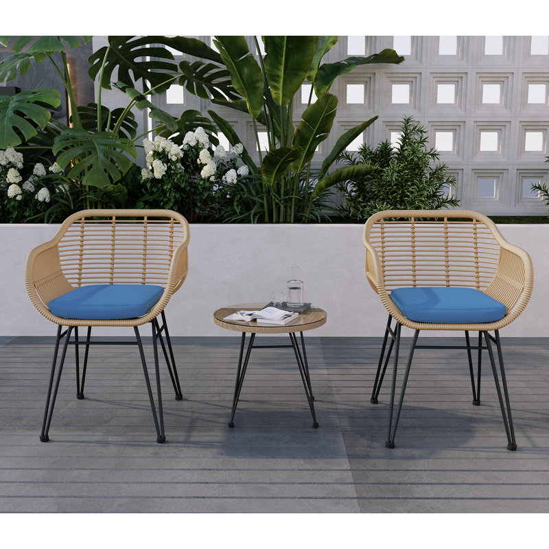 Buschi Round Wicker Rattan Patio Waterproof Seating Set with Cushions and Table, Yellow, Blue