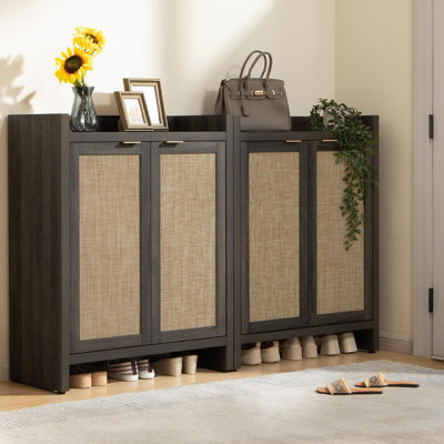 6-Tier Rattan Shoe Cabinet With Doors And Shelves, Large Capacity Farmhouse Storage Organizer For Entryway And Hallway, Durable Wooden Shoe Cabinet Set Of 3