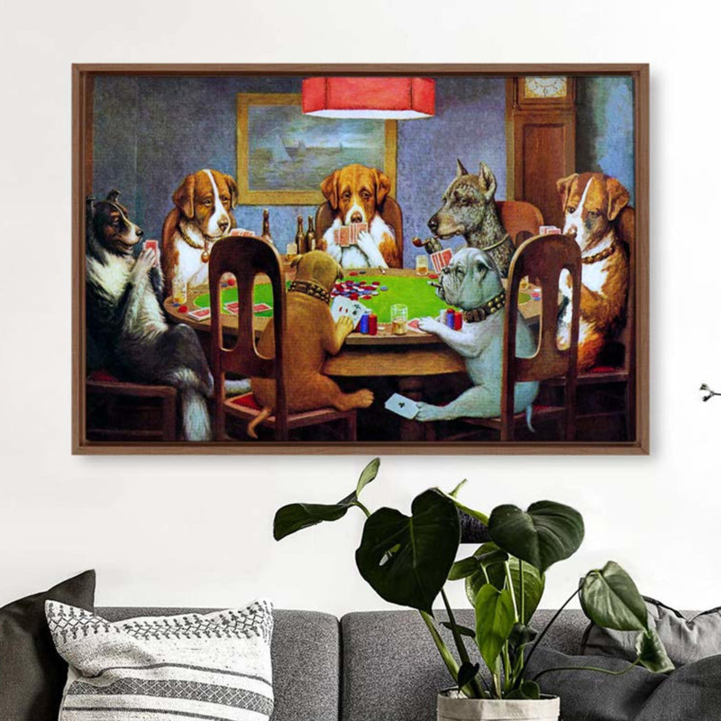 Chiens jouant au poker - Cadre flottant, reproduction d'art sur toile, H 24 po x l 36 po x P 2 po, Brun