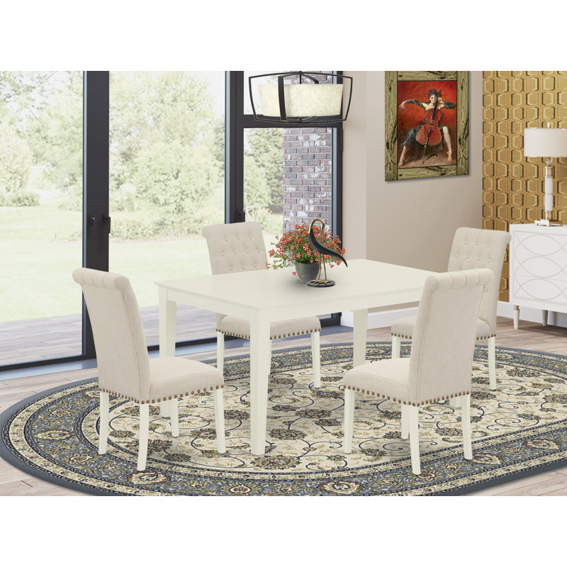 Ensemble de 5 pièces pour coin-repas pour 4 personnes comprenant une table de salle à manger rectangulaire et 4 chaises Parson rembourrées en lin beige clair, 36 x 60 pouces, blanc lin
