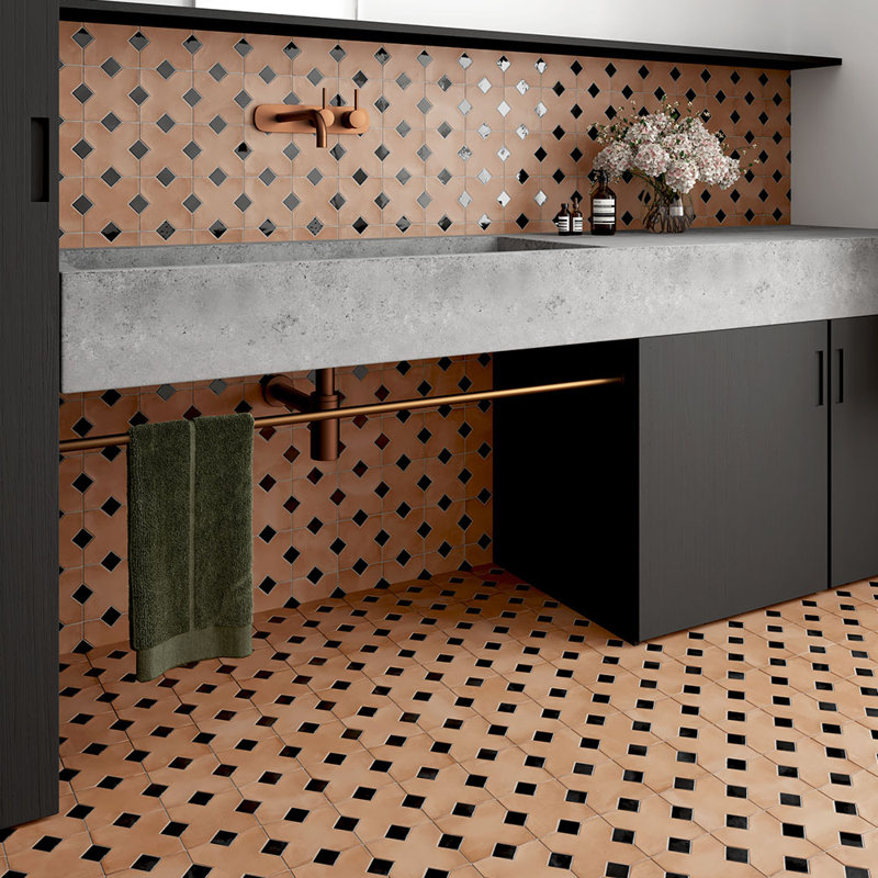 Cross And Dot Porcelain Wall and Floor Tile, Terracotta/Black
