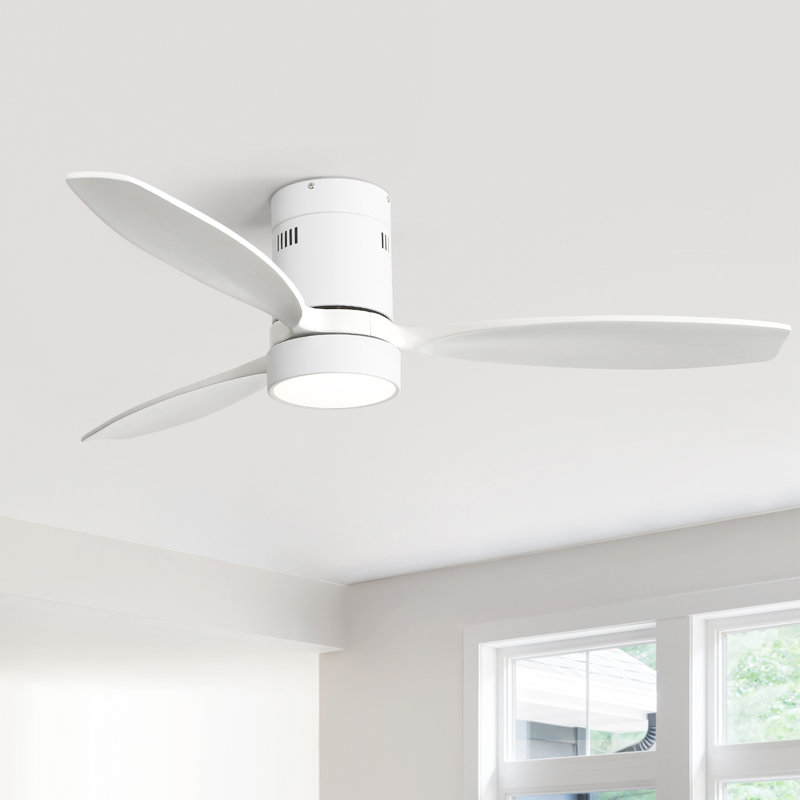 Rachel 52" 3-Solid Wood Blade Smart Modern Flush Mount Ceiling Fan with Light, Remote, APP, Voice（White）, White