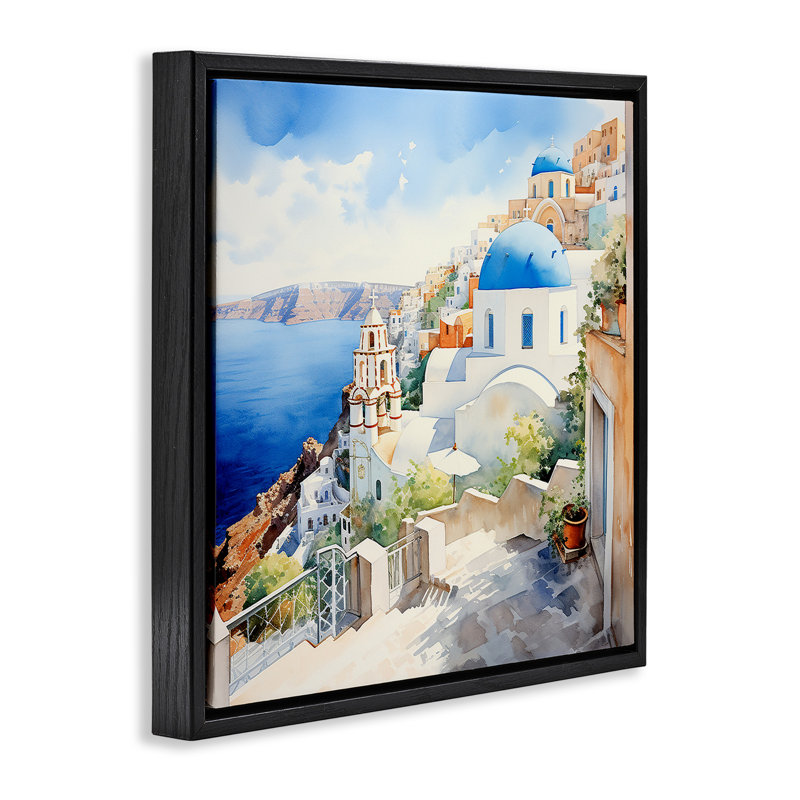 Paysage de la ville de Santorin, H 18 po x l 18 po, Cadre flottant noir de jais