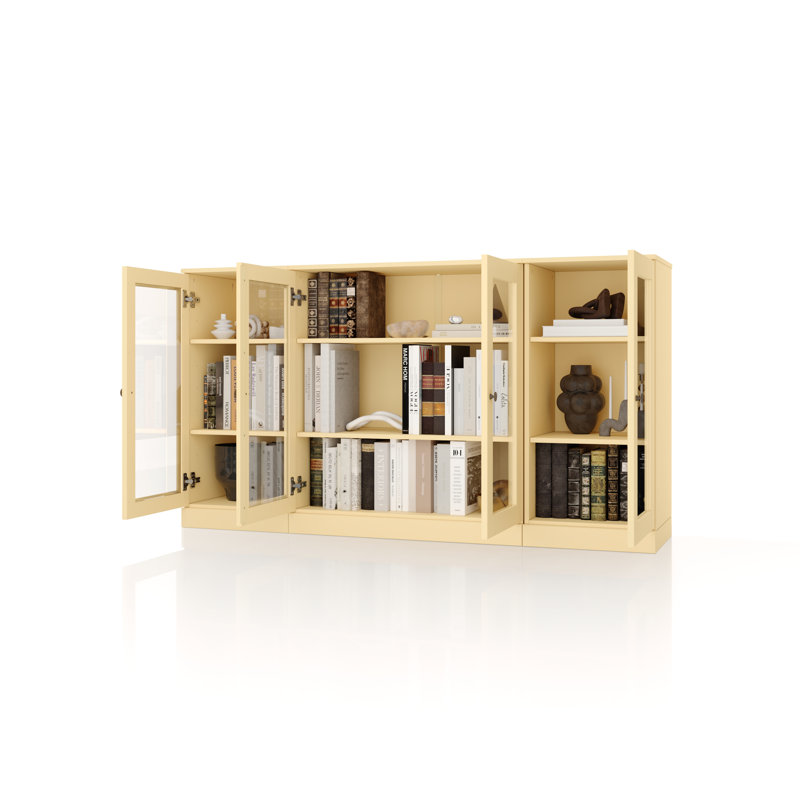100% Solid Wood 65" Sideboard with Clear Glass Doors and Adjustable Shelves, Yellow