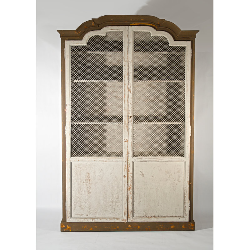 Distressed Brown and Antique Off-White Pine China Cabinet