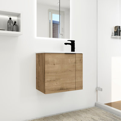 Meuble-lavabo pour salle de bain avec lavabo, 22 po pour les petites salles de bain, style flottant, porte à fermeture en douceur, lavabo en céramique, poignée noire mate, fixation murale, design moderne, fabrication en contreplaqué,