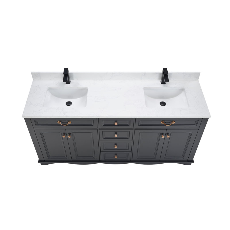 72" Solid Wood Sink Vanity  With 1' Artificial Stone Top, Tricorn Black