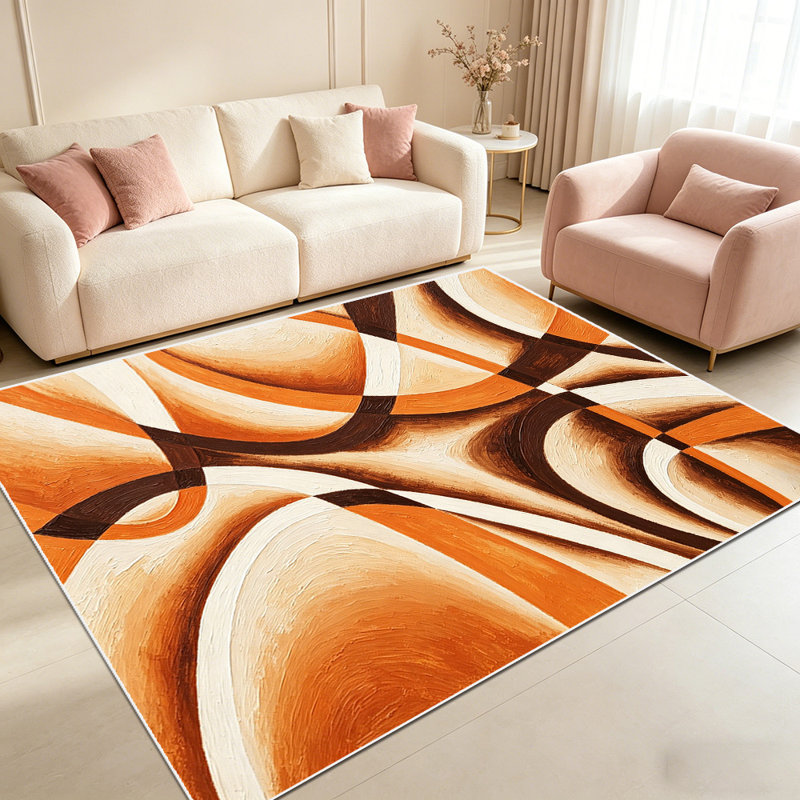 1PC Abstract Warm Brown Orange Cream Swirl Geometric Line Art area rugs, Soft and Comfortable, easy-to-maintain, machine washable Indoor floor mat, suitable for living room, bedroom, dining area, entryway, backyard patio, home office, Home Decor