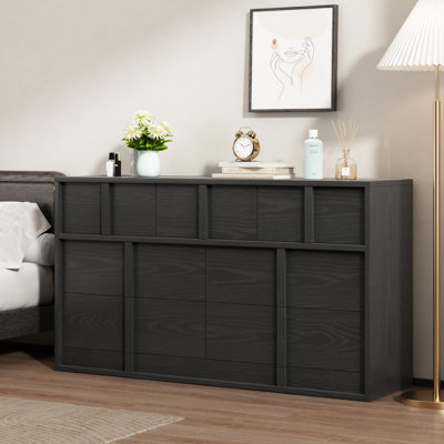 54 Inch TV Stand with 7 Drawers, Modern Wooden TV Cabinet Console Fits Up to 65 Inch TV, Entertainment Media Center with Elegant Pulls, Freestanding Storage Console for Living Room, Bedroom, Entryway