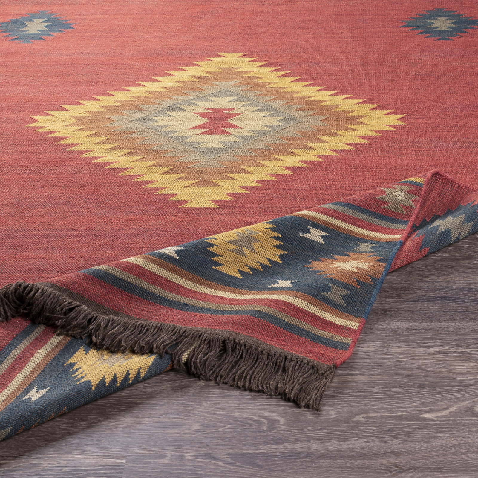 Mystica Dark Red Navy Hand-Woven Wool Rug, Runner 3' x 12'