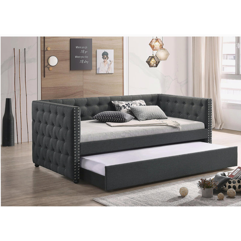 Lit de jour en tissu Romona, Gris, Lit simple