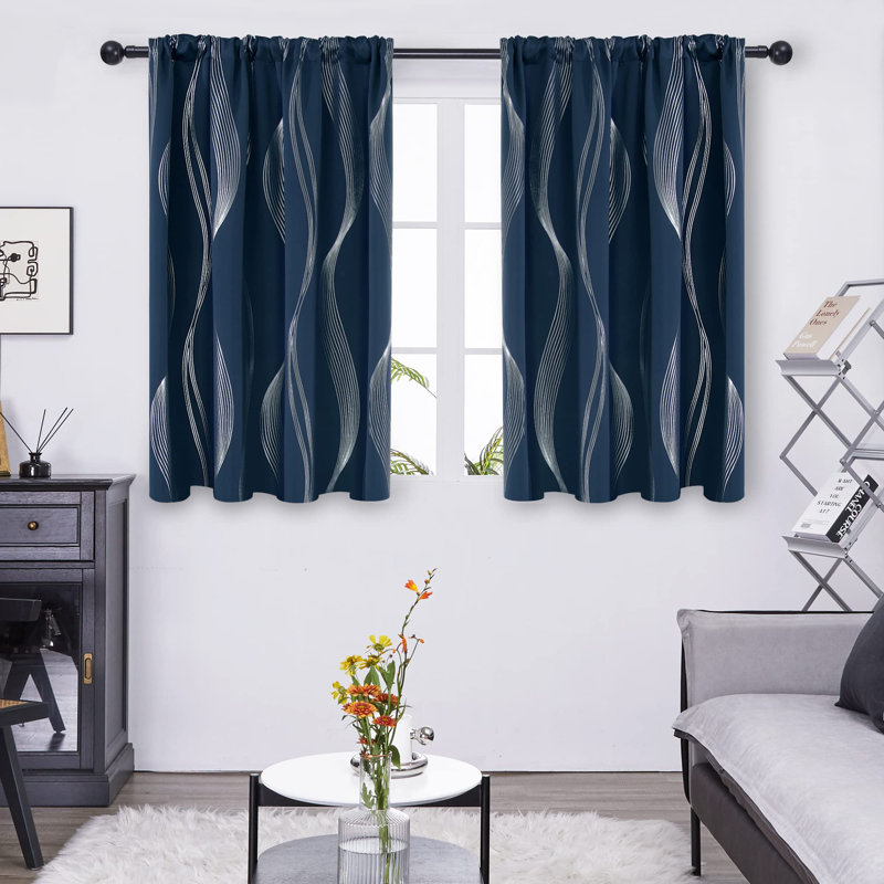 Cirila Back Tab Rod Pocket Silver Wave Curtain Panels, 52" W x 45" L, Navy