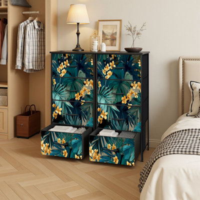 Commode à 4 tiroirs avec rangement vertical et feuilles tropicales avec fleurs dorées et palmiers