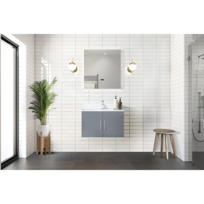 30 po Meuble-lavabo gris foncé pour salle de bain, comptoir en marbre, robinet, miroir à DEL - salle de bain durable et protégée contre les égratignures