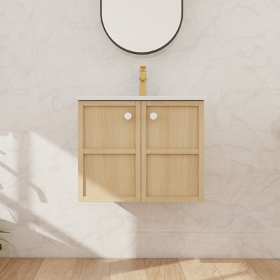 24" Single Floating Bathroom Vanity With Ceramic Basin Sink Top, Wall Mounted Bathroom Vanity With 2 Doors