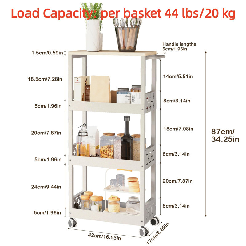 17cm W Metal Storage Rack with Wheels, White