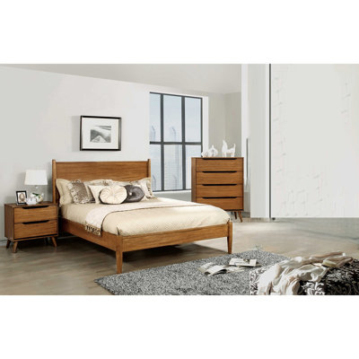 Ensemble de 3 pièces en bois comprenant un lit, une table de chevet et une commode, style plateforme moderne du milieu du siècle.