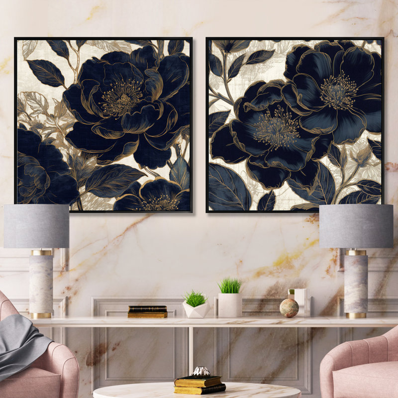 Pivoine bleue et bleue - ensemble de 2 pivoines carrées, Cadre flottant noir, H 30 po x l 61 po