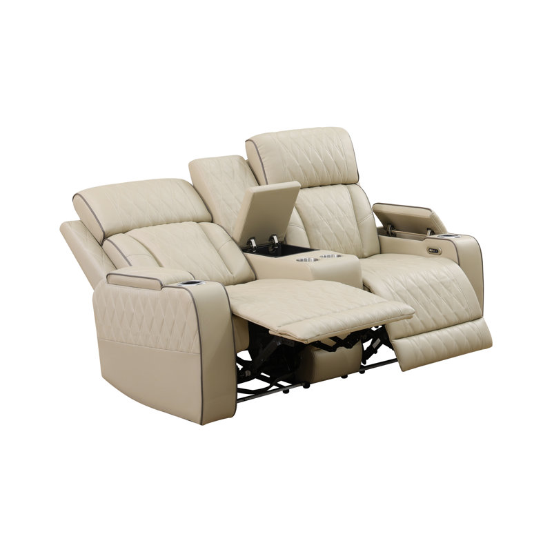 71.5" Power Reclining Loveseat In Breathable Leather With LED Base Lights, Cup Holders & Storage Console, Beige