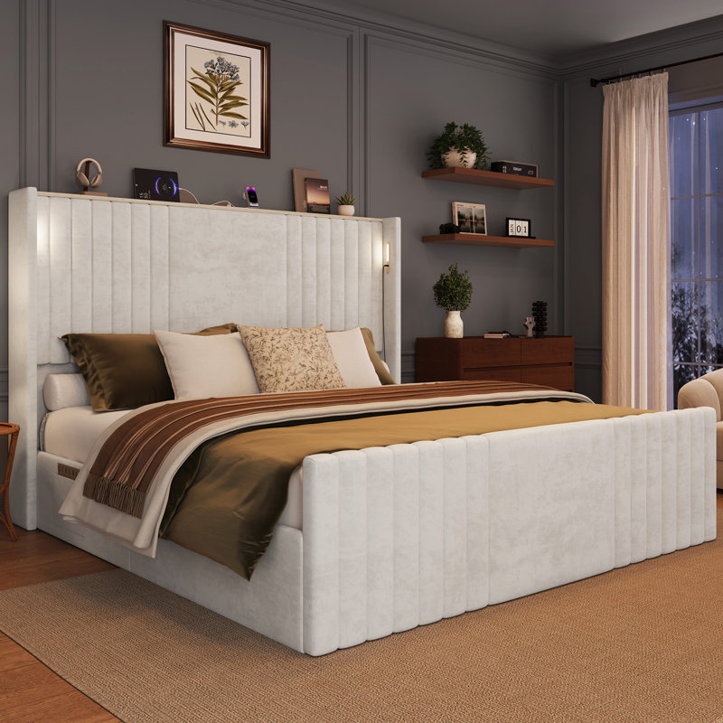 Velvet Upholstered Wingback Platform Bed, White, King