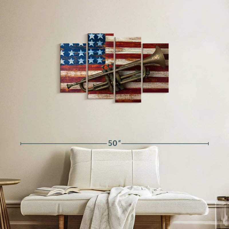 Borges Trumpet On American Flag, 22" H x 36" W