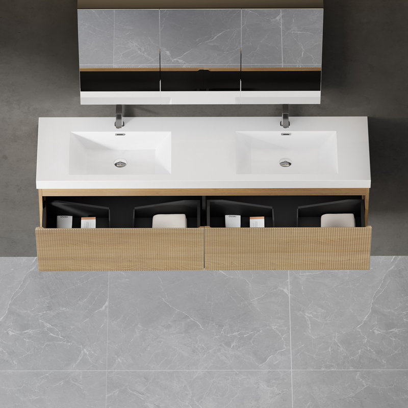 Meuble-lavabo mural avec lavabo à surface solide, Blanc, Bois de chêne naturel, 71"