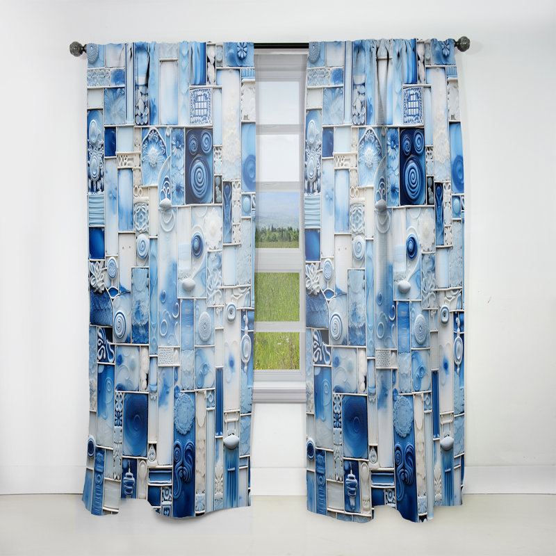 Carrelage botanique bleu et blanc Emlen I - rideau en velours moderne - obscurcissant - 1 panneau, L 52 po x L 84 po