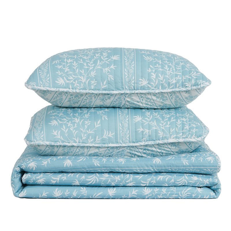 Twin Linear Floral Blue Microfiber Reversible Quilt Set