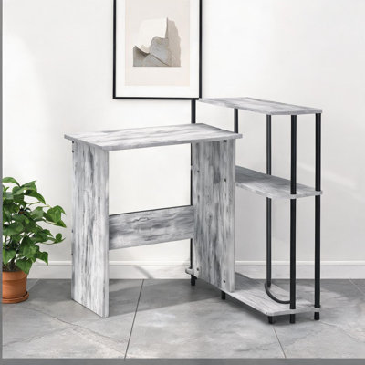 Bureau d'écriture avec bibliothèque, poste de travail d'angle en L blanc antique et gris neutre