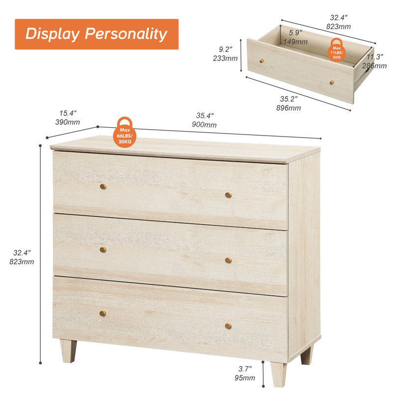 Commode pour enfants avec 3 tiroirs pour chambre d'enfant, Chêne clair