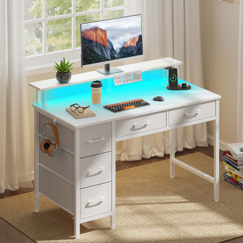 Computer Desk with Monitor Stand & Charging Station, Gaming Desk with LED Lights &  Drawers, 35.2" H x 39.4" W x 18.5" D