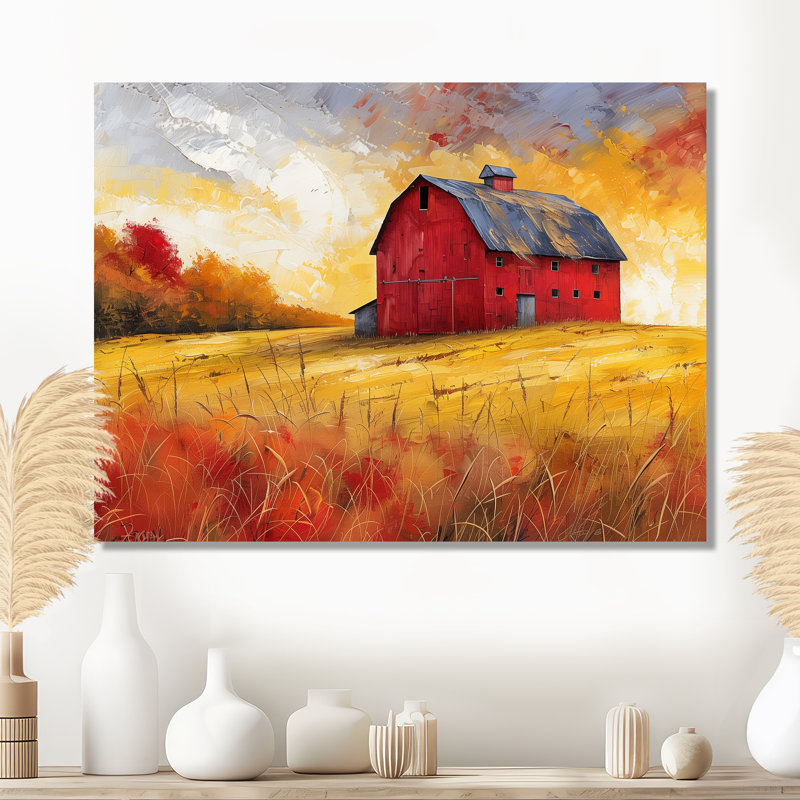  «Autumn Red Barn Breeze III - Art mural de grange, Métal métal, H 34 po x l 44 po x P 1,5 po