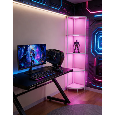 Lampe sur pied d'angle avec éclairage à DEL RGBCW, support de rangement à 5 niveaux, luminosité et couleur réglables, organisateur d'étagères pour salon, chambre à coucher, bureau
