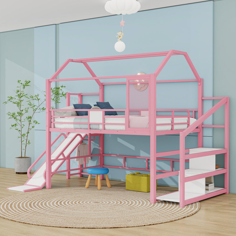 Dreamy House-Shaped Loft Bed With Stairs, Slide And Storage Shelves, Full, Pink