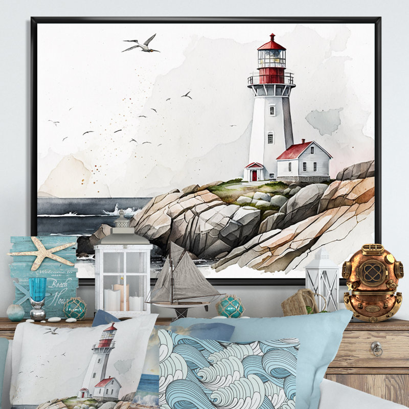Art sur toile, "Phare par l'océan IV", L 40 po x H 30 po, Toile avec cadre flottant noir